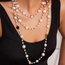 欧美跨境高级感五叶花珍珠叠戴长项链气质缠绕链条花朵项饰毛衣链