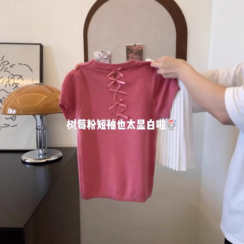 ラズベリーパウダーバックリボン中空ニット半袖Tシャツレディース2025夏新作ラウンドネックショルダートップトレンディ|undefined