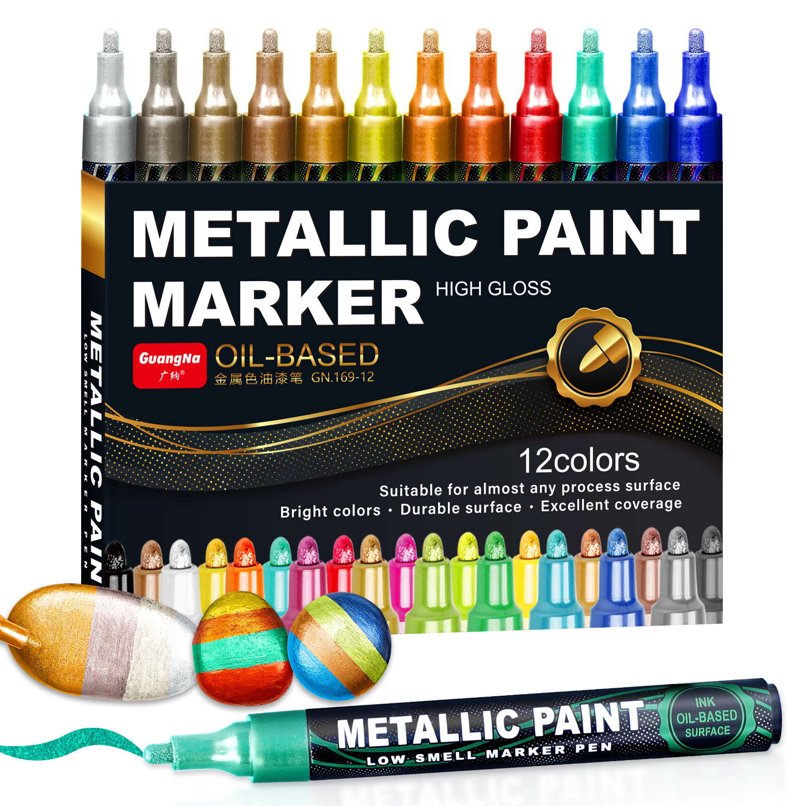 Guangna 169 tipo válvula metal aceitoso 12 colores rotulador bricolaje pintura graffiti color apilable impermeable pincel de secado rápido