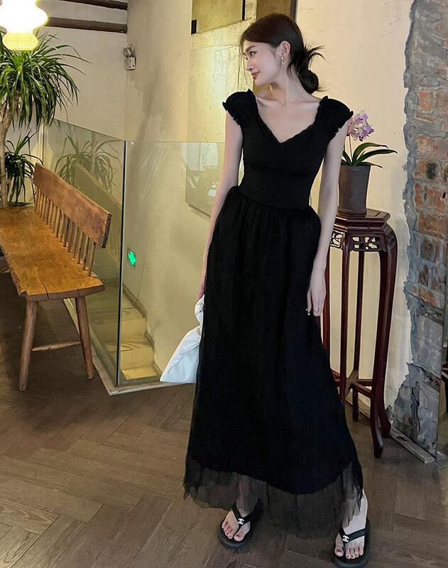 High Quality 2024 Summer New Style Goddess Style French Style V Neck Gathered Splicing Gauze Skirt Mid-Length Dress for Women