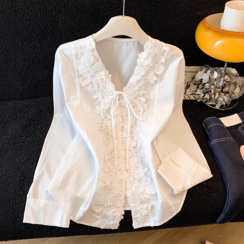 Lace V-Neck Sun-Protective White Shirt for Women, Spring/Summer Thin Style, 2026 New Model, Loose Fit with Tie, Elegant Shirt A11041