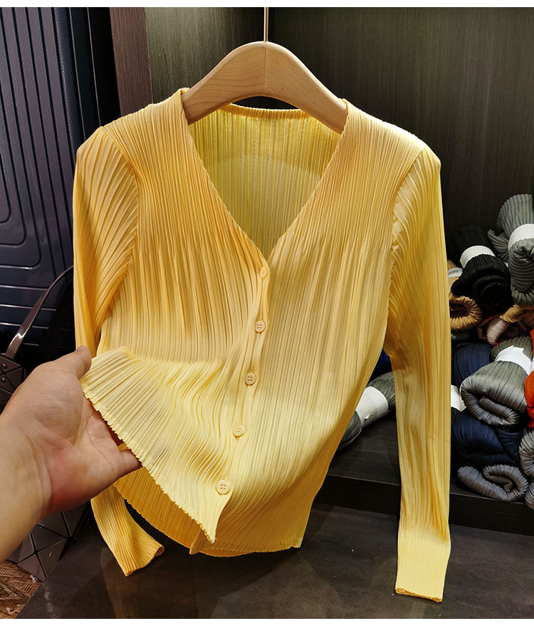 Áo cardigan cổ chữ V dáng ngắn tay dài mới xuân hè — Màu xanh lam nhạt, Màu đen, Màu tím nhạt, Màu hồng chi tiết 7