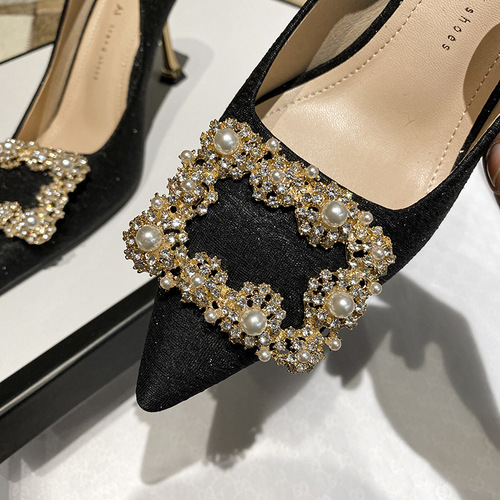 H876-78 Women's New High Heel Shoes, Pointed Toe, Low Cut, Commuting Shoes with Rhinestone and Square Buckle, Elegant Korean Style Thin Heel Shoes for Women