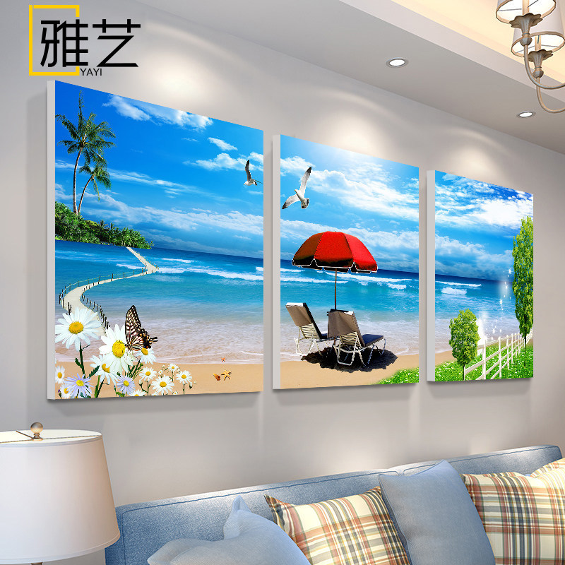 Living room decorative painting for sofa background wall, modern and stylish bedroom landscape wall art, simple and fresh sea view triptych Living room decorative painting for sofa background wall, modern and stylish bedroom landscape wall art, simple and fresh sea view triptych
