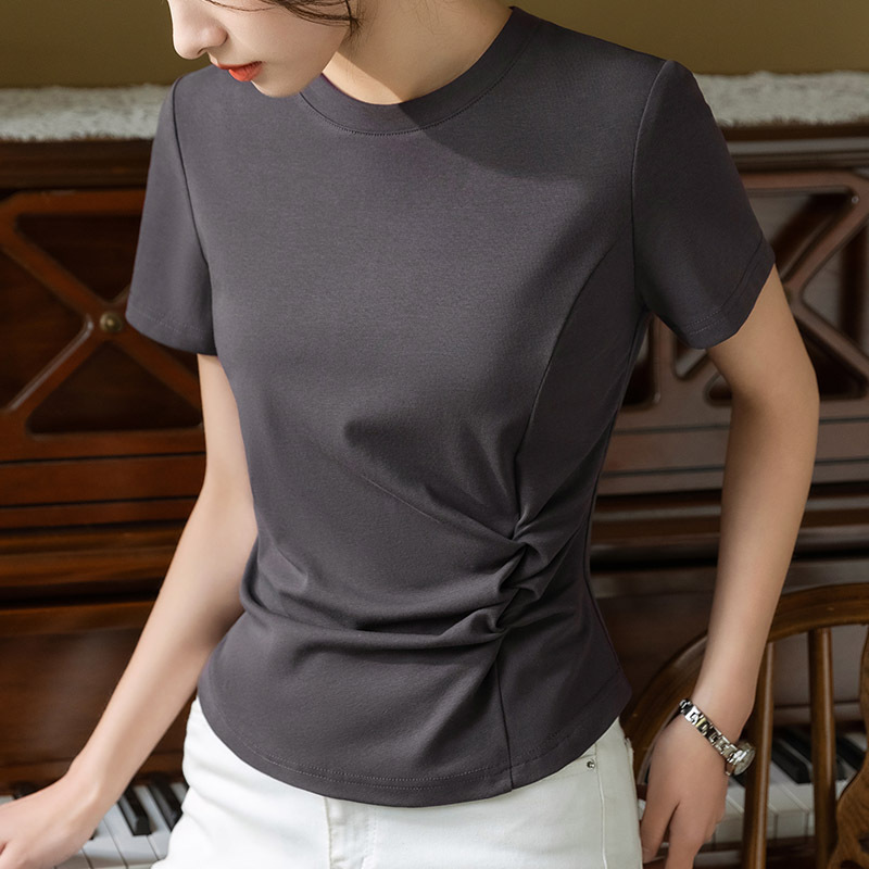 Camiseta de manga corta para mujer verano 2023 nuevo hombro de cuello redondo Mujer color sólido diseño Camiseta de algodón plisado cintura superior