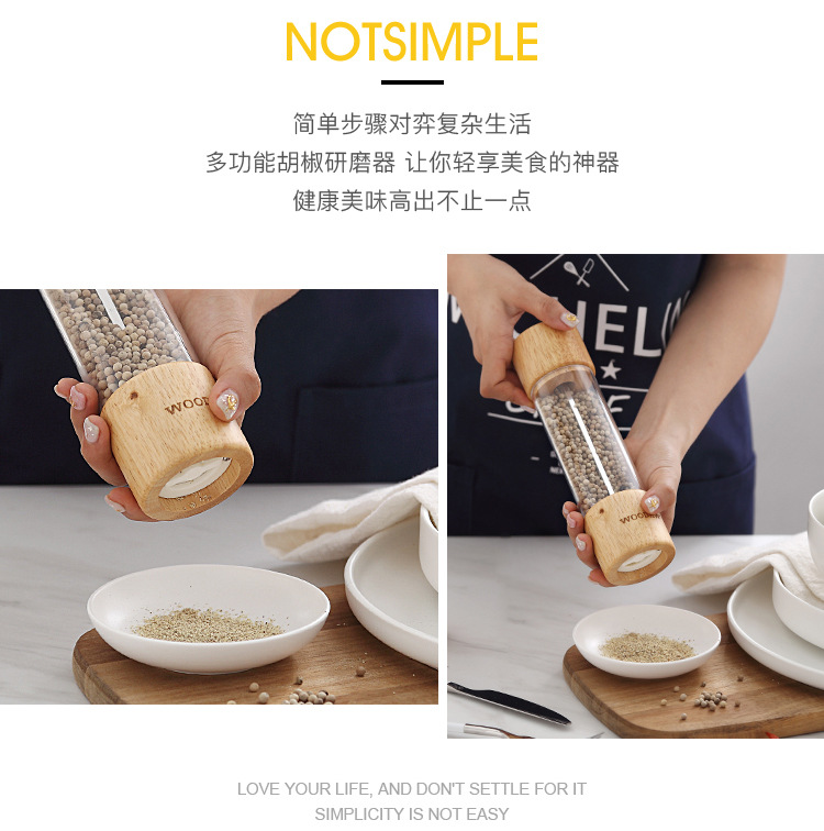 Molinillo de granos de pimienta negra doméstico manual de madera sólida contenedor de polvo de pimienta botella de condimentar botella de molino de sal marina de vidrio
