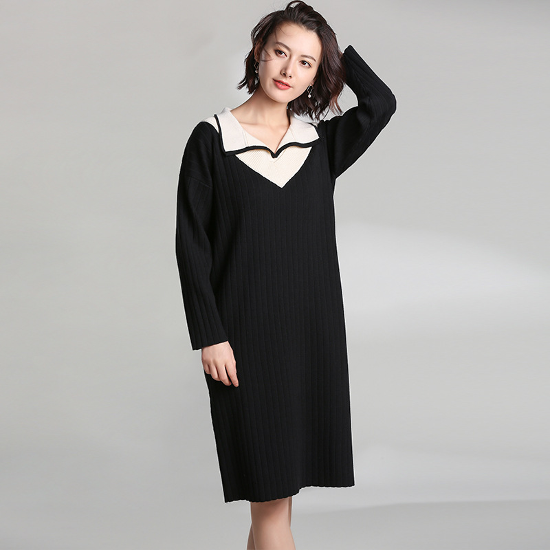 양모 블렌드 양모 여성 양모 공장 가공 V 넥 대비 색상 큰 원피스 그림 샘플 작은 배치 사용자 정의