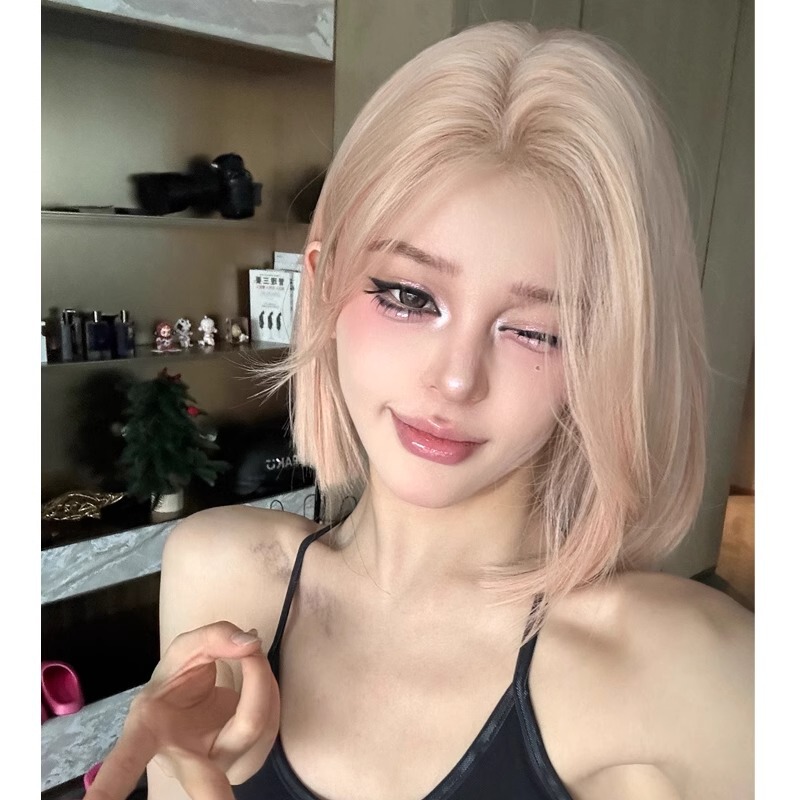 Pink Blonde Wig Women's Small Lace Short Hair Summer Wig Mid-point All-match Daily Natural Fashion Full Head Cover