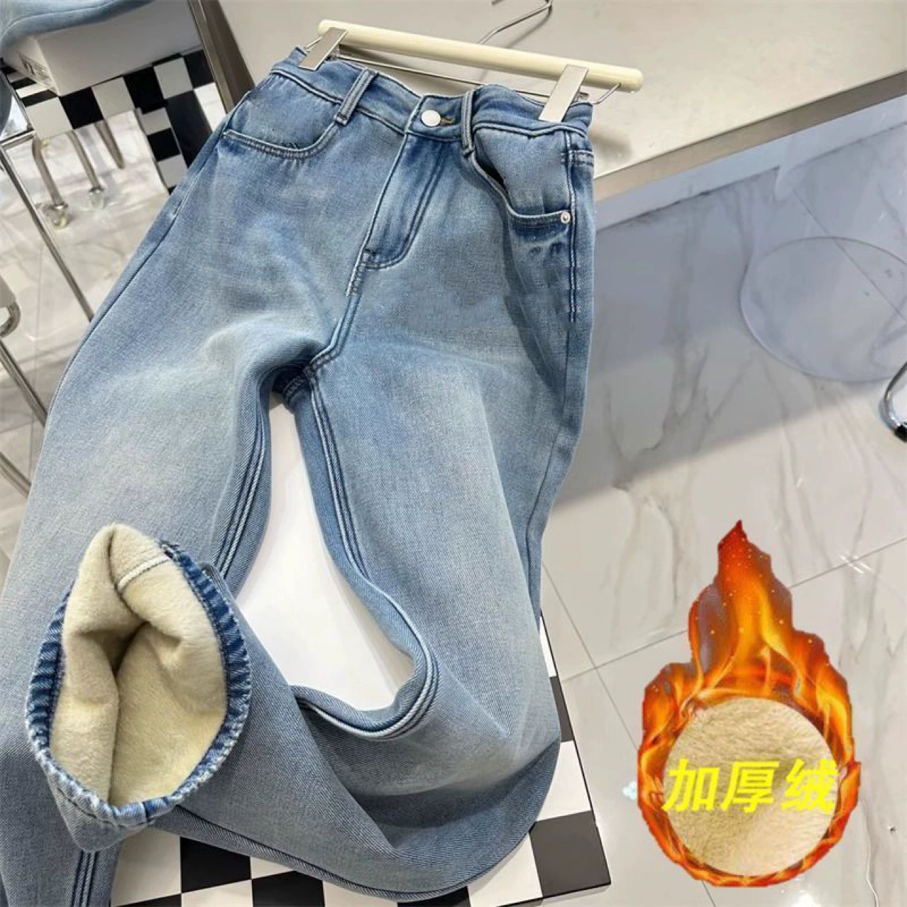 Женские джинсы прямого кроя на флисовой подкладке, светло-голубые, утепленные зимние брюки, с высокой талией, различные фасоны, с эффектом стройности.