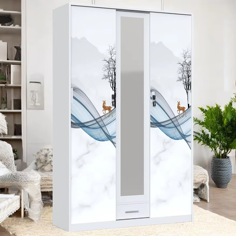 Amazon Hot Sale Printed Cabinet de acero con armario de espejo puerta deslizante de dormitorio doméstico armario de almacenamiento armario image 4