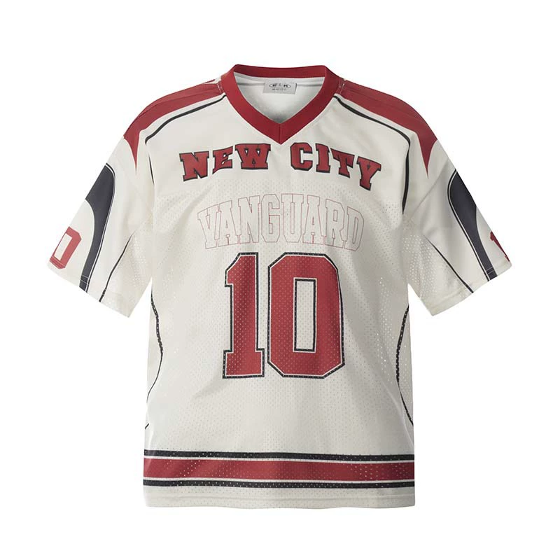 Американский ретро цифровая буквенно-буквенно-контрастная цветная V-образная сетка с короткими рукавами трикотажная мужская модная спортивная футболка свободного стиля