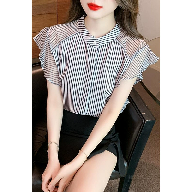 Женская летняя блузка из шифона с полосатыми летучими рукавами, модный дизайн 2025 года, нишевый западный стиль, короткий рукав