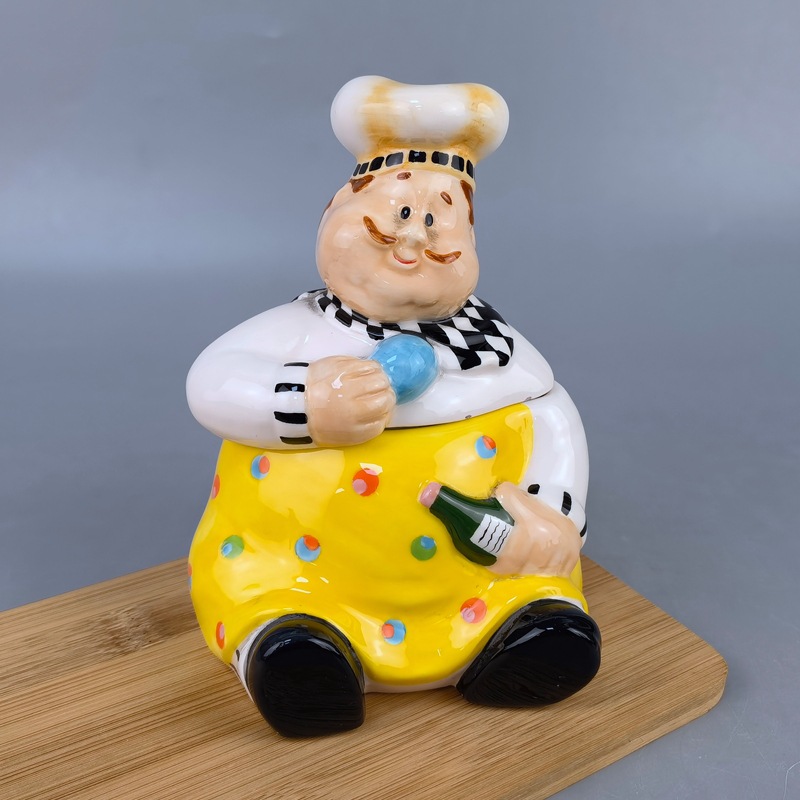 Tarro de galletas de cerámica de Navidad pintado a mano 3D en relieve lindo chef viejo tanque de almacenamiento con tapa decorativa de pollo azucarero