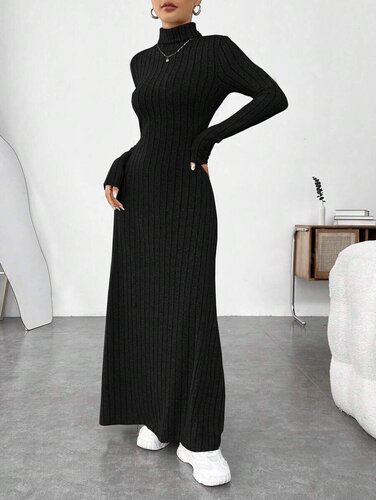 Women's European and American Autumn/Winter Elegance Ruffled High Collar Fashion Solid Color Pilling Long Sleeve Dress New Arrival