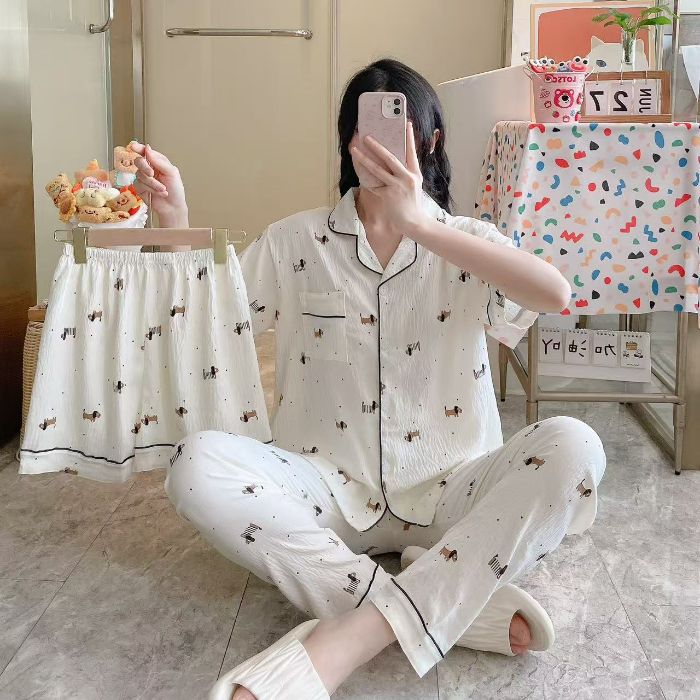 Venta al por mayor transfronteriza 120g pijamas de algodón de nube de verano de manga corta para mujer pantalones cortos de algodón de nube de verano de tres piezas servicio a domicilio de dibujos animados