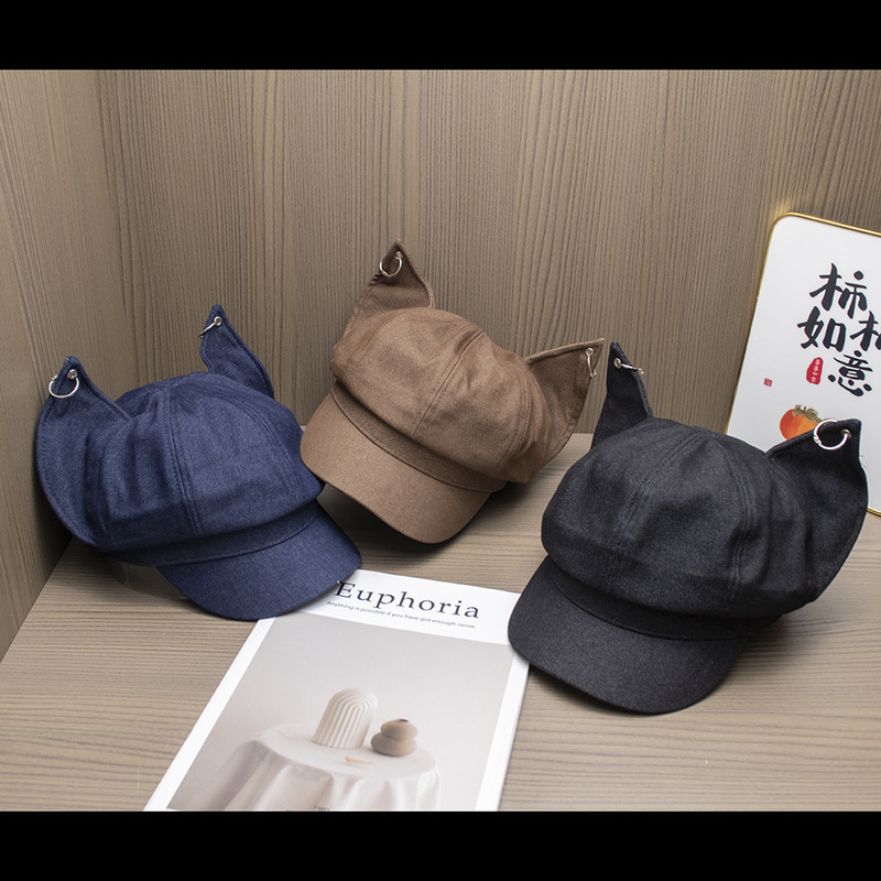 ニッチな個性のかわいいキツネ耳メタルバックルベレー帽女性用春と夏y2k多用途顔見せ小さな八角形帽子|undefined