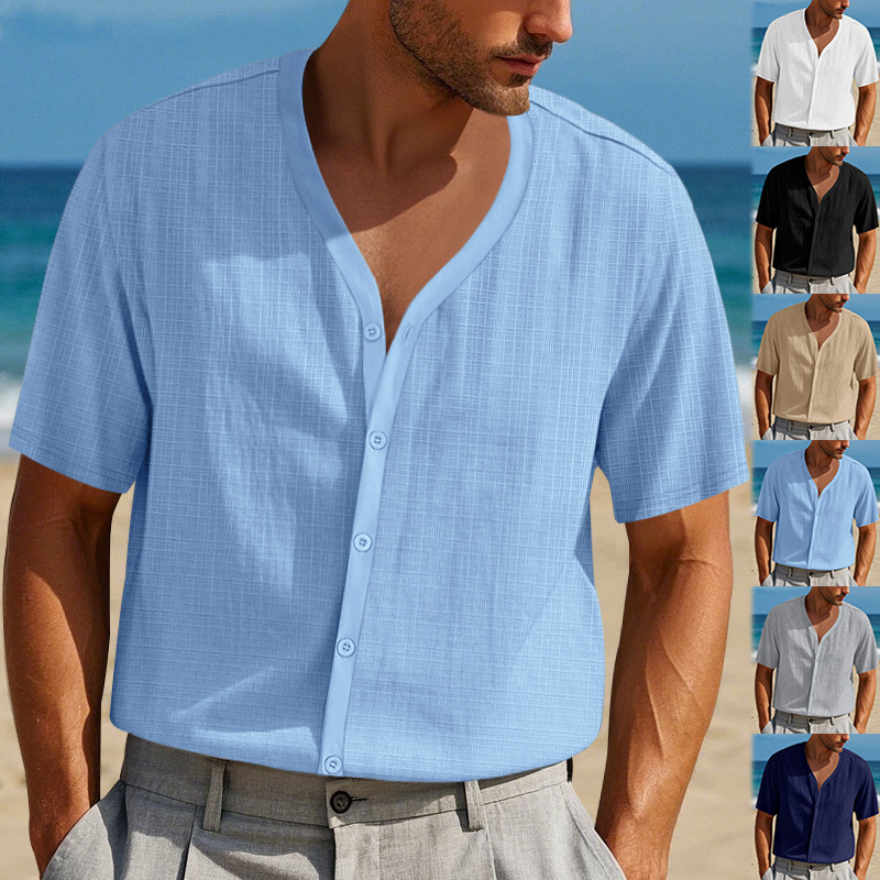 American-Style Cross-Border Men's Summer Faux Linen Bamboo Short-Sleeve Henley Shirt, Loose Casual Trendy Button Cardigan T-Shirt for Men