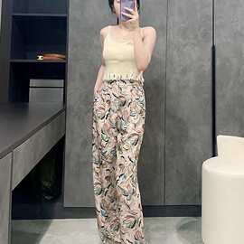2024夏季新款百搭花色裤子女薄款休闲女松紧高腰宽松直筒拖地裤
