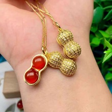 S925纯银镀金镶嵌水晶女士项链天然南红冰红花生雕刻吊坠一件代发