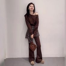 2025秋季新款韩系斜肩长袖卫衣格子屁帘显瘦高腰喇叭裤三件套装