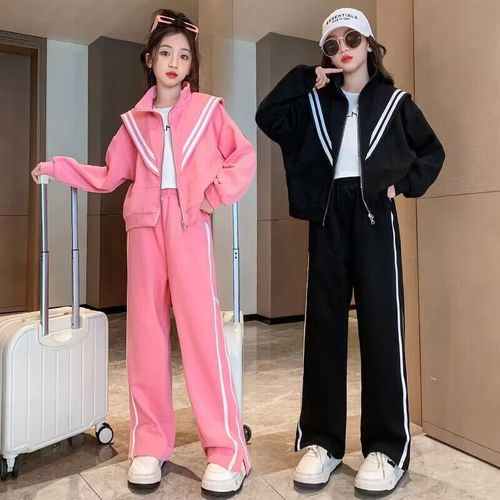 Girls' autumn zipper shirt suit spring and autumn new Korean style middle and large children's fashion casual student wear sports two-piece set