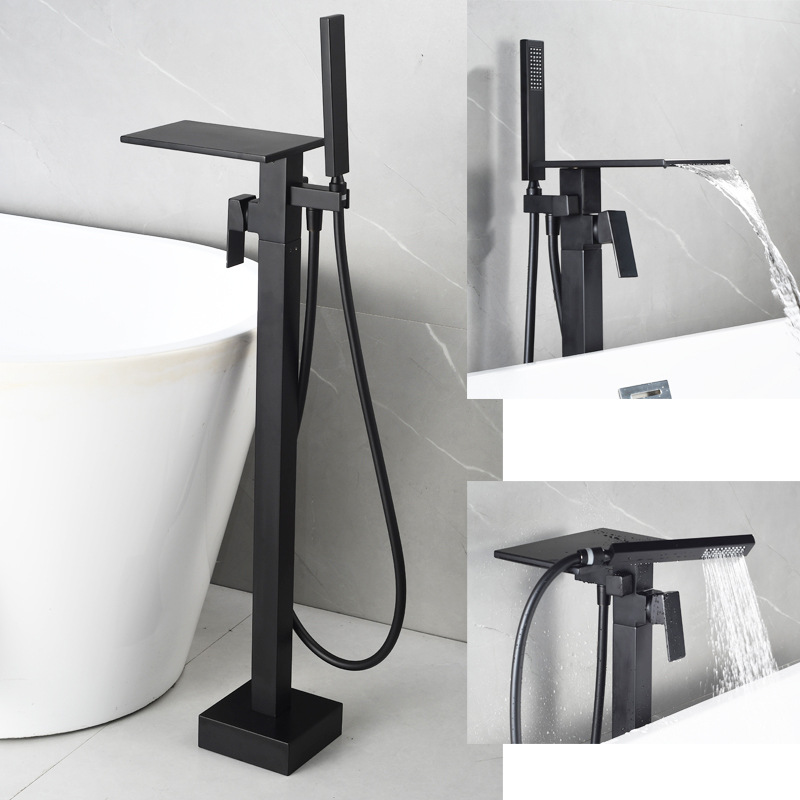 Square black and white gold edge floor-standing waterfall, rotating floor-standing bathtub, faucet, shower head, single handle, upright undefined