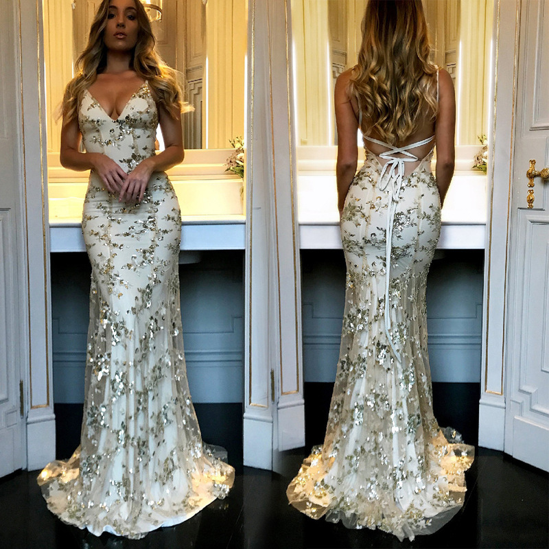 Hot selling women's advanced pure backless trailing evening gown sequined mesh lengthened dress