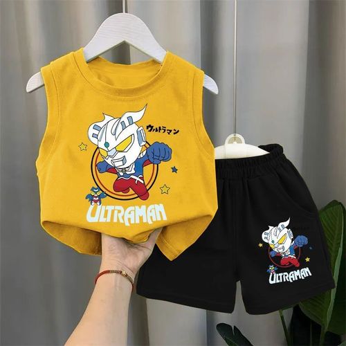 Children's Summer Baby Backless Set for Boys, Stylish Two-Piece Set, Ultraman Cute Sleeveless T-Shirts, Thin Clothing