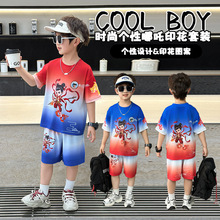 新款夏季小哪吒短袖套装 夏装运动男童装两件套 卡通潮流儿童衣服