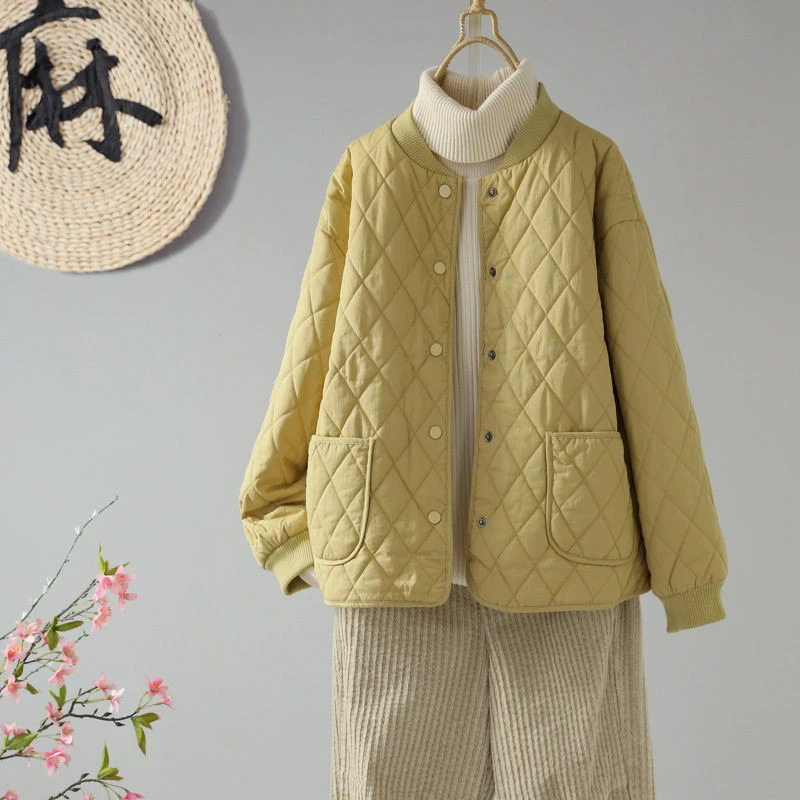 爆款夹棉外套女2024菱格冬季新款短款宽松时尚纯色轻薄款棉服棉衣