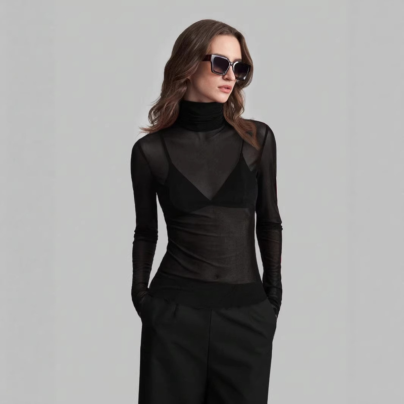 Cross-Border Foreign Trade 2026 Spring New Style Stand Collar Solid Color Mesh Slim Fit Long Sleeve Slimming Elegant Commuter Top