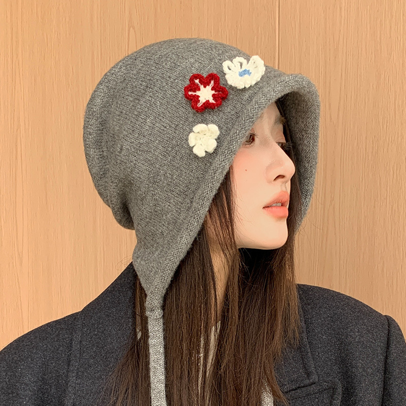 秋冬花朵针织渔夫帽韩版新款帽子女可爱显脸小盆帽休闲百搭水桶帽|undefined
