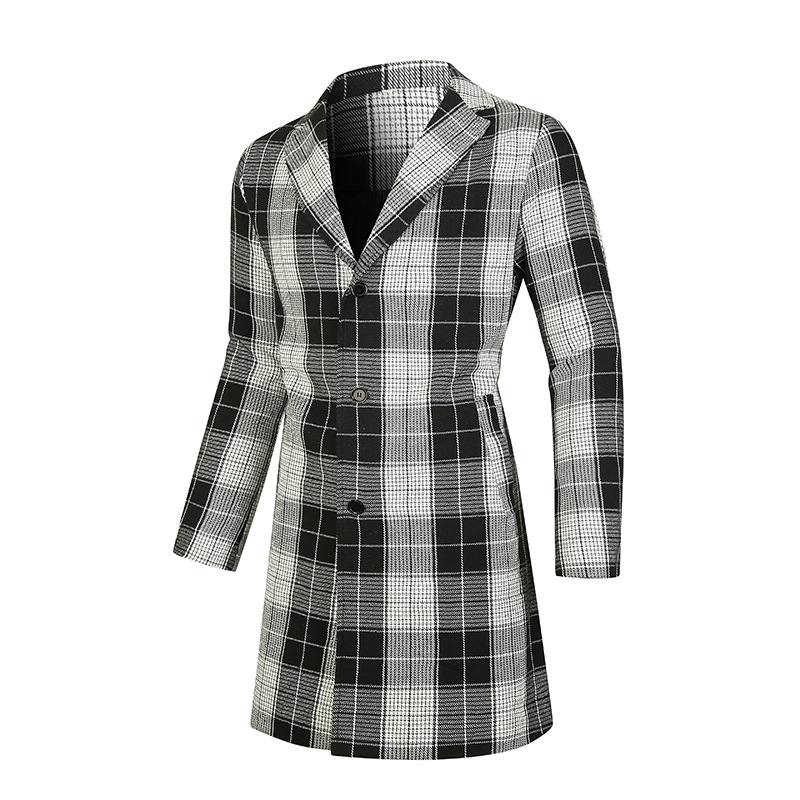 Men's 2023 winter new item without belt, single breasted lapel, plaid printed casual slim fit men's coat_voghion.com