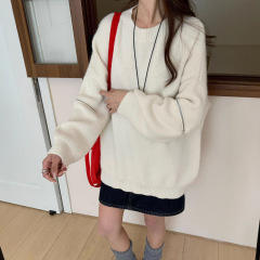 跨境欧美新款设计感拉链长袖套头毛衣女秋冬宽松圆领针织衫上衣潮