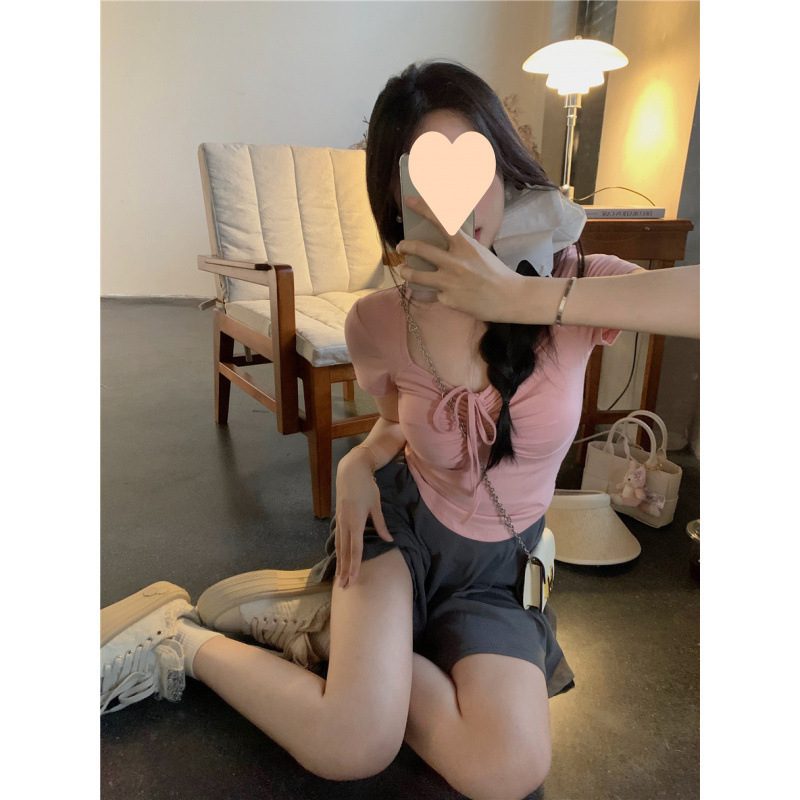 夏季純欲辣妹時尚套裝女短款方領抽繩上衣走光休閒短褲裙兩件套