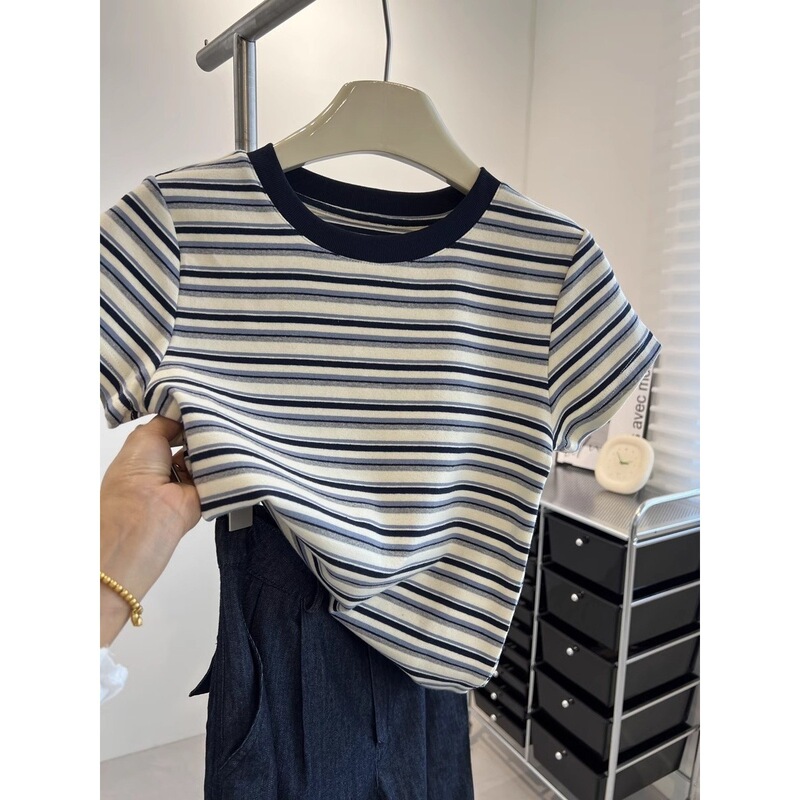 Design Retro Shoulder Striped Crewneck Short-sleeved T-shirt Women's Summer Fashionable Slim-fit Slimming Inner Base Top