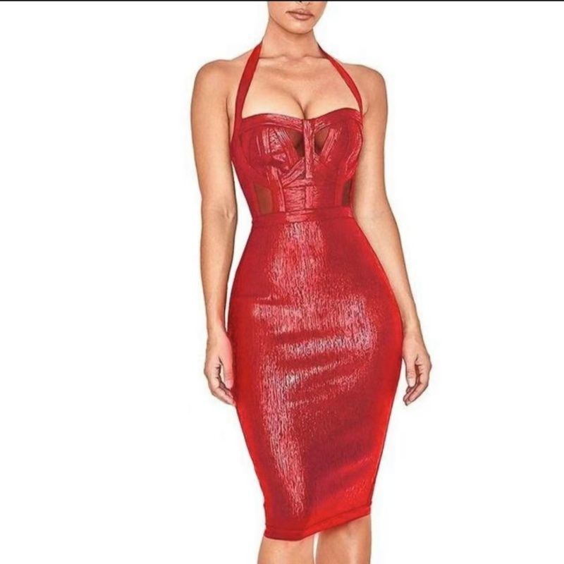European and American Cross-Border Hot-Selling Mesh Sexy Strapless Halter Evening Dress Banquet Bandage Dress Bandage Skirt Dress