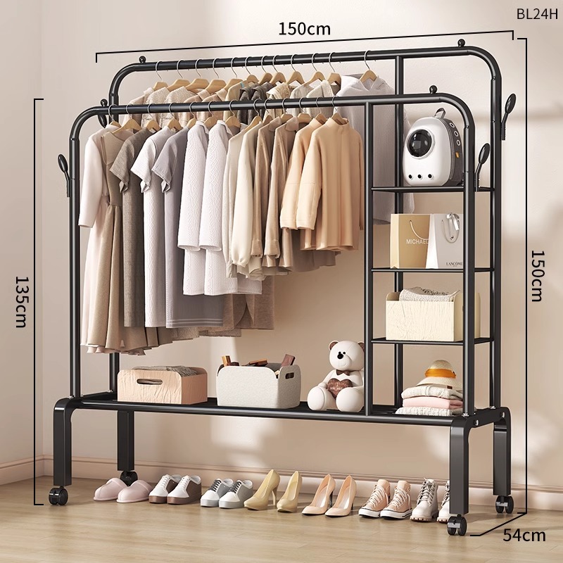 150cm 검정색 [이중극 + 단층수납 + 측면3단수납 + 범용바퀴 + 옷걸이] 두꺼운 파이프 직경