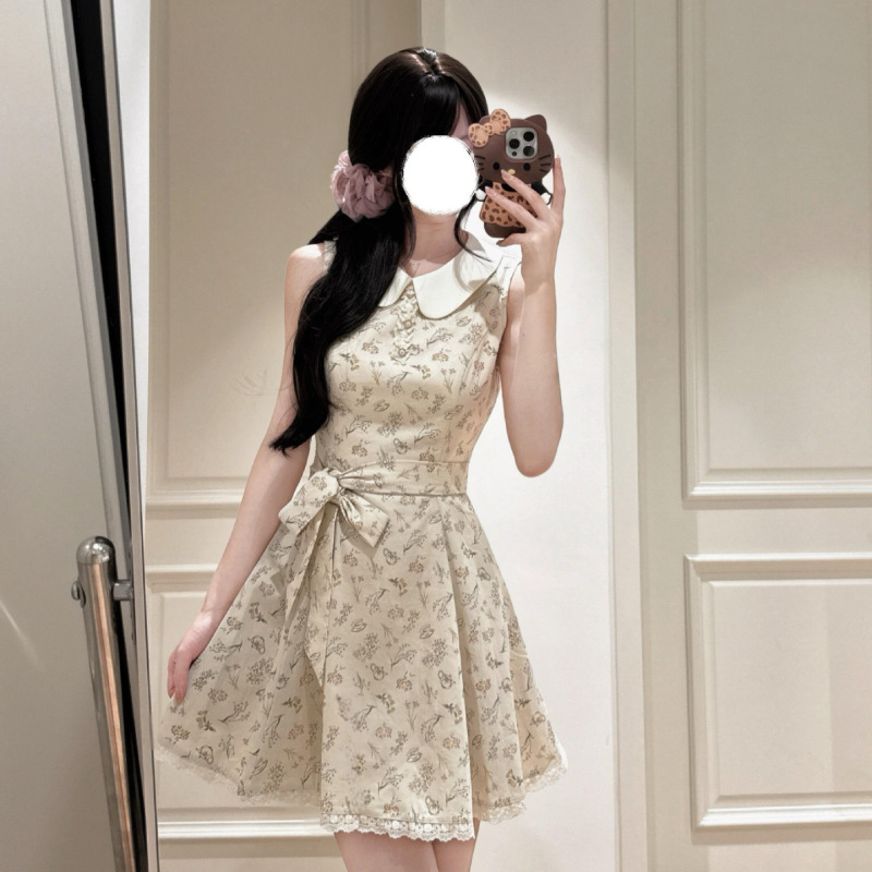 2026 New Summer Style Doll Collar Sleeveless Tie Dress, Super Pretty French Floral Dress with Waist-Cinching A-Line Short Skirt 2026 New Summer Style Doll Collar Sleeveless Tie Dress, Super Pretty French Floral Dress with Waist-Cinching A-Line Short Skirt