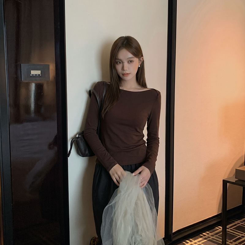 YOUYE Thirteen Lines Women's 2026 Autumn/Winter Base Layer Top, High-End Tencel One-Shoulder T-Shirt, Korean Style Top