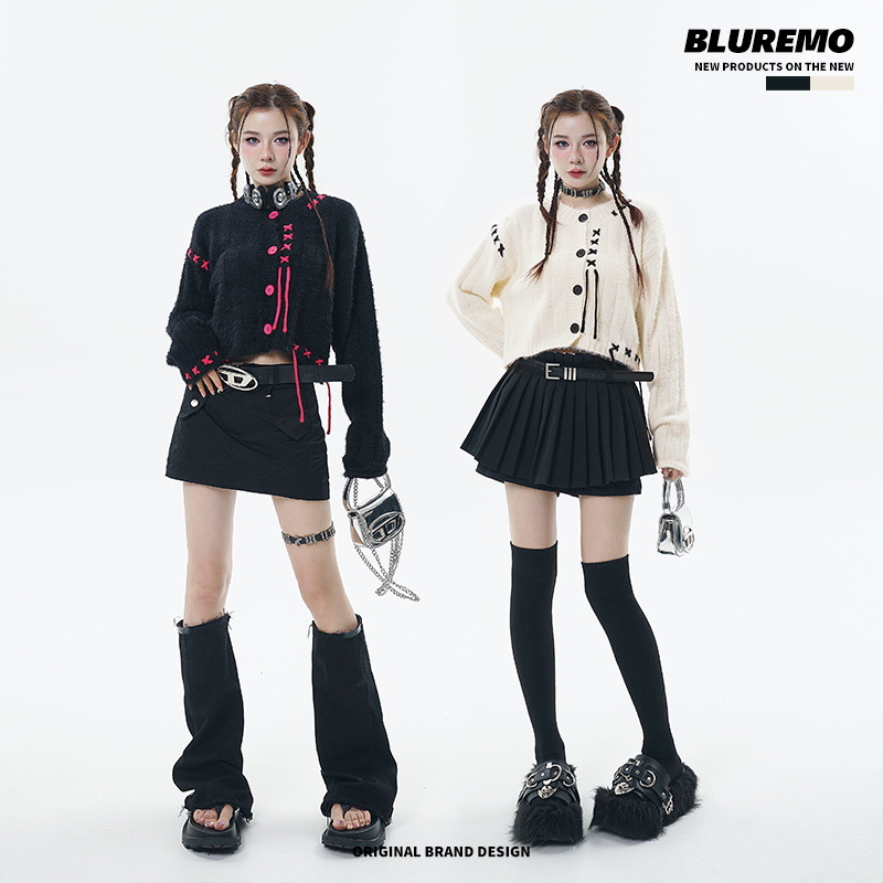 BLUREMO | Diseño de nicho americano de felpa suéter corto de manga larga borla contraste color cuerda suéter Delgado