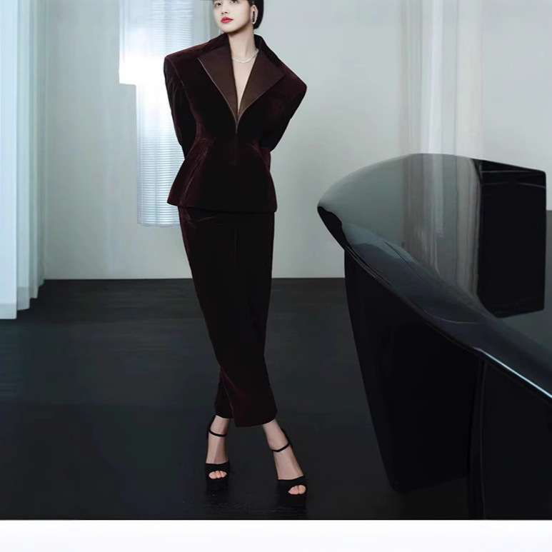 Star Same Style Fashion Big Brand Elegant Suit suit Designer Back Drawstring Velvet Suit Pants Two-Piece Set