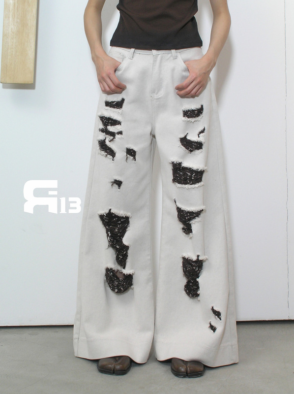 R13 Thirteen Lines 2025 新しい夏スタイルのルーズニッチホワイトファッショナブルなストリートリッピングワイドレッグジーンズ|undefined
