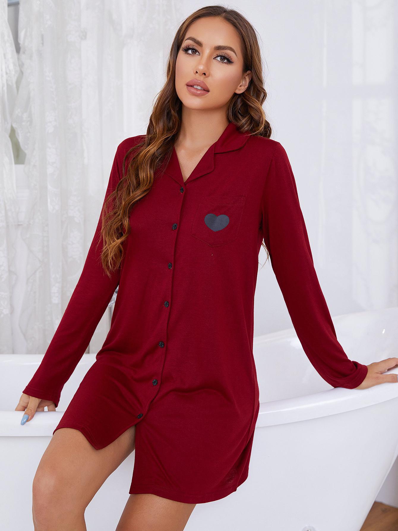 buttons heart-shaped print long-sleeved loose nightdress-Can be worn outside NSWFC130563