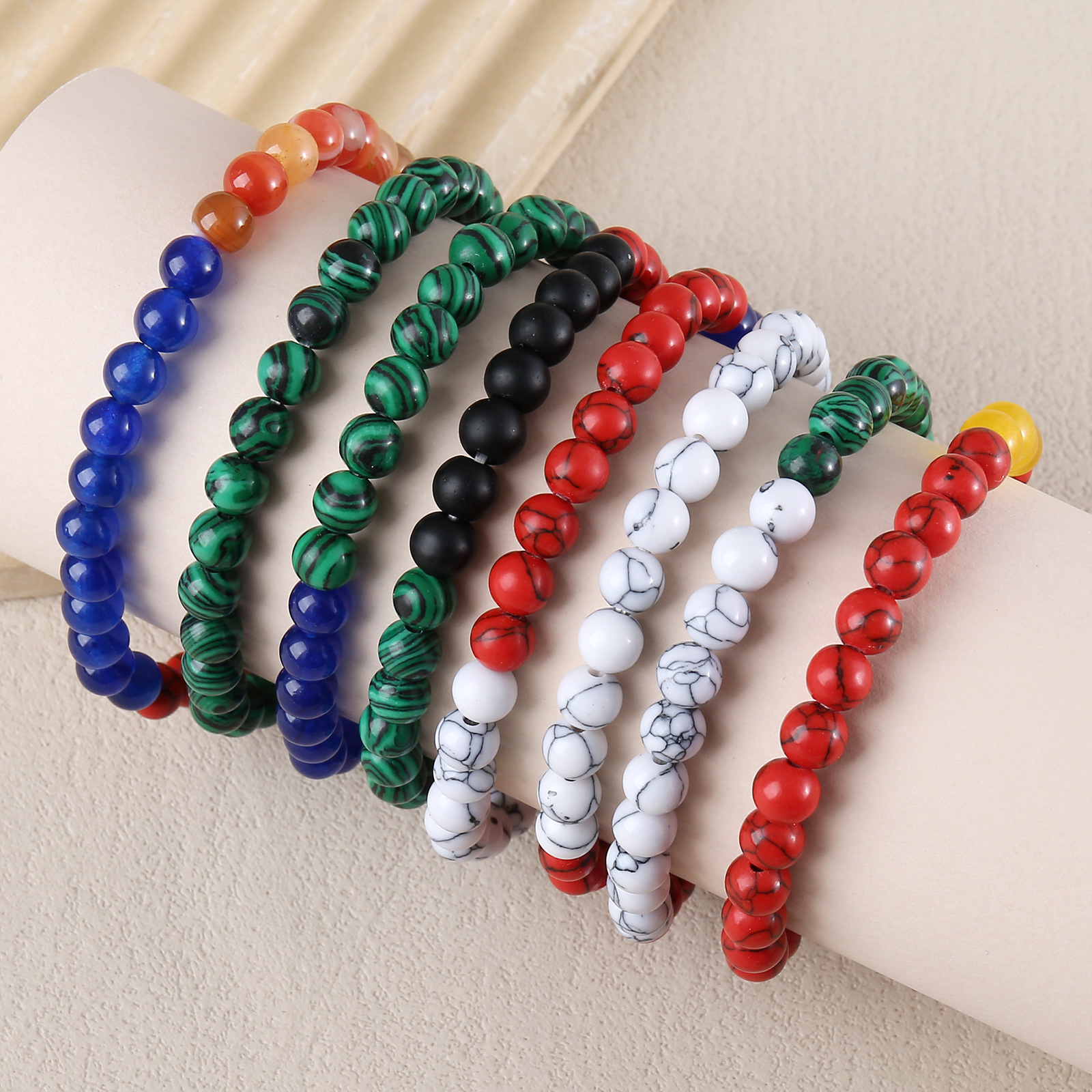 跨境新款彩色石头珠子弹力串珠手链简约时尚手饰国旗色组合搭配款