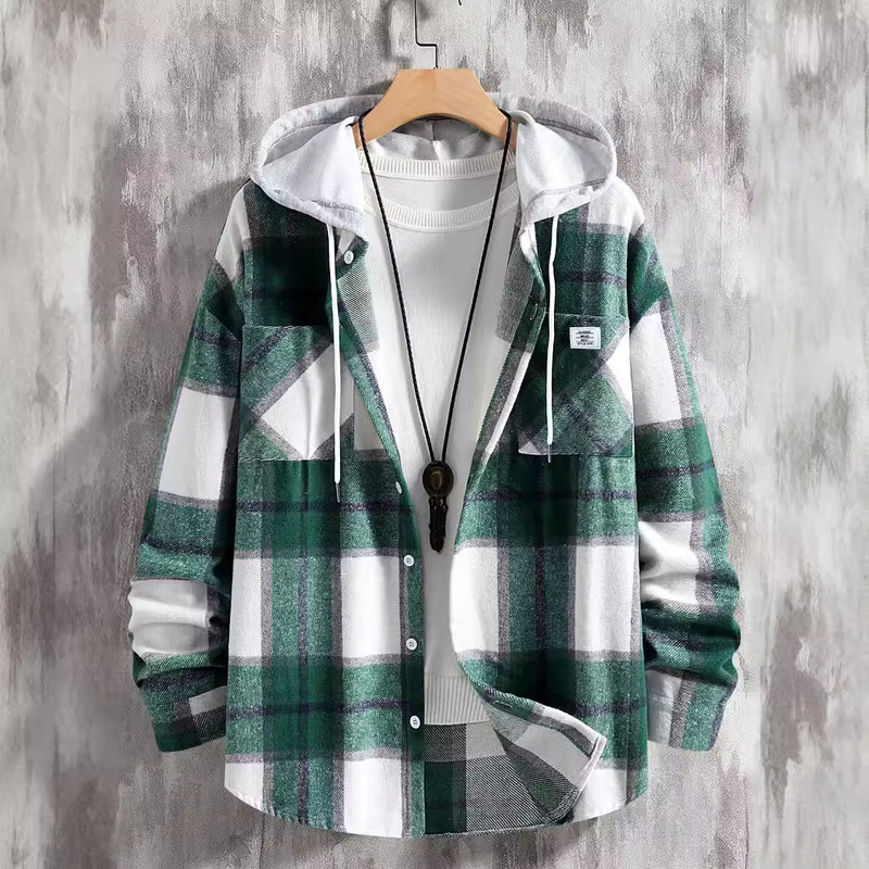 2024 Men's Autumn and Winter New Plaid Jacket Shirt Double Pocket Hooded Jacket Casual Jacket Flannel Plaid