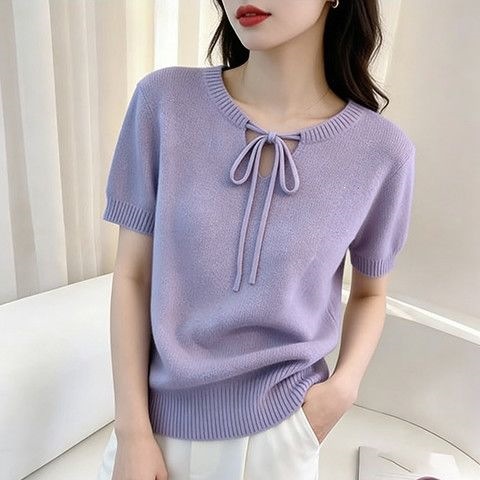 Áo thun nữ tay ngắn cổ tròn dáng rộng chất liệu dệt kim mỏng mùa hè — Xanh lá cây nhạtcolor, Màu tím. chi tiết 5