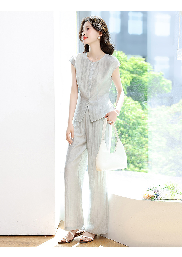 Bộ đồ hai mảnh nữ cổ tròn không tay quần dài phong cách thư giãn mùa hè 2025 OU8397 — Màu như hình chi tiết 14
