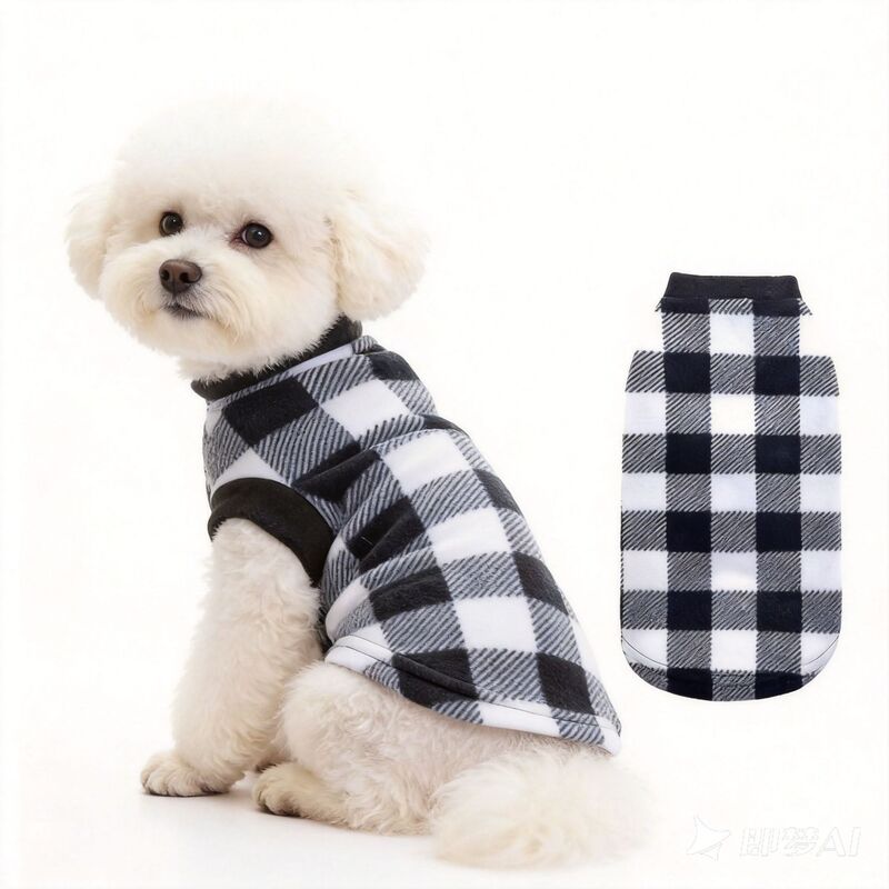 New Warm Fleece Clothing for Small Pets, Plaid Style Cat and Dog Sweatshirt, Fleece Black and White Buffalo Plaid Vest Style Cat Outfit