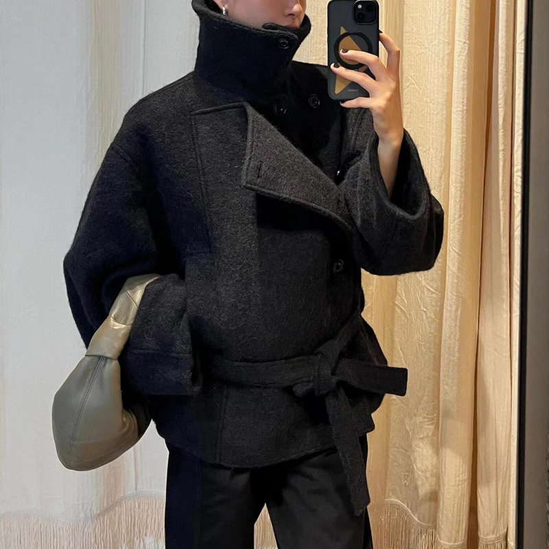High-Quality Lemii* Lapel Woolen Coat, Short Black Tie-Waist Bathrobe, Thickened Loose Top